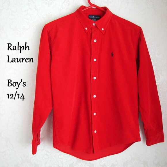 VINTAGE RALPH LAUREN BOY'S 12/14 M RED CORDUROY SHIRT, CHRISTMAS PARTY, HOLIDAYS - Picture 1 of 5